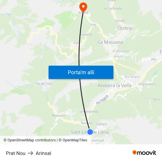Prat Nou to Arinsal map