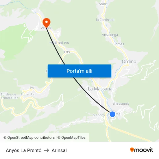 Anyós La Prentó to Arinsal map