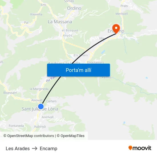 Les Arades to Encamp map