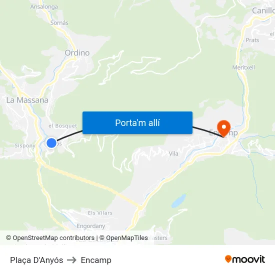 Plaça D'Anyós to Encamp map
