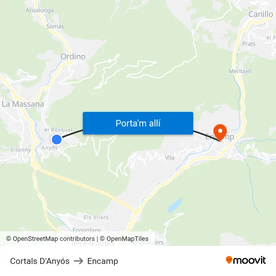 Cortals D'Anyós to Encamp map