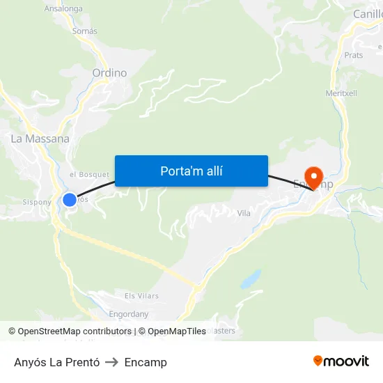 Anyós La Prentó to Encamp map