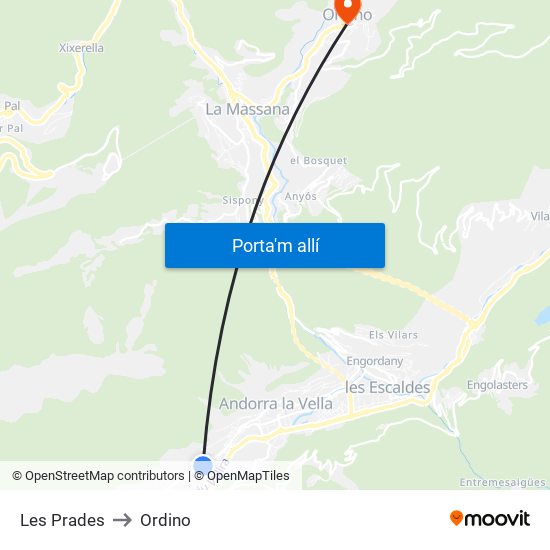 Les Prades to Ordino map