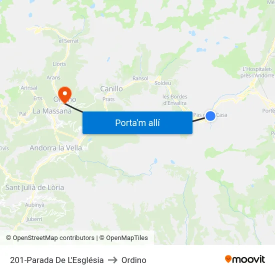 201-Parada De L'Església to Ordino map