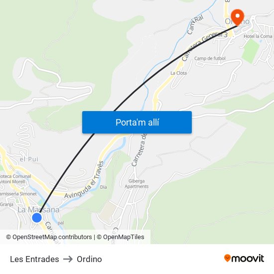 Les Entrades to Ordino map