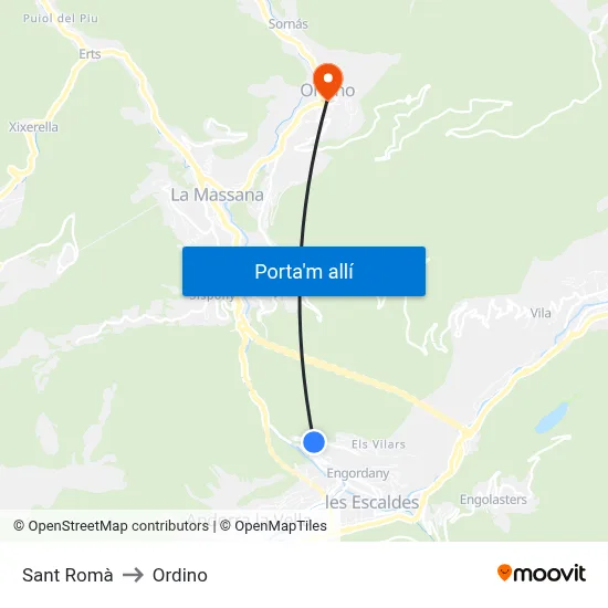 Sant Romà to Ordino map