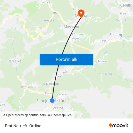 Prat Nou to Ordino map
