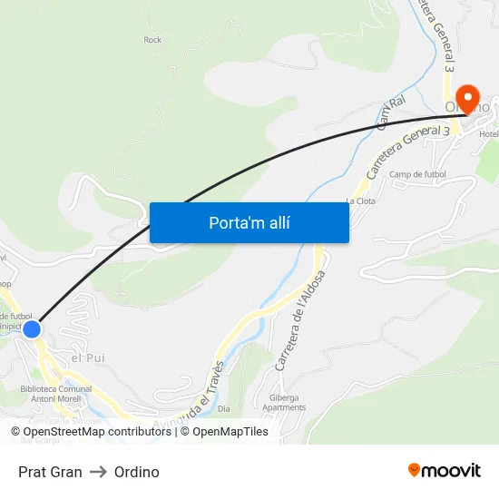 Prat Gran to Ordino map