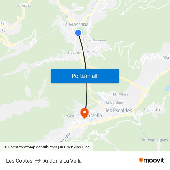 Les Costes to Andorra La Vella map