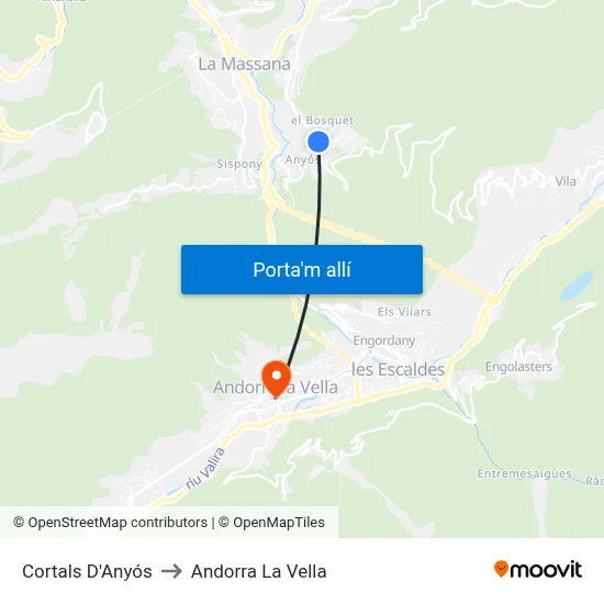 Cortals D'Anyós to Andorra La Vella map