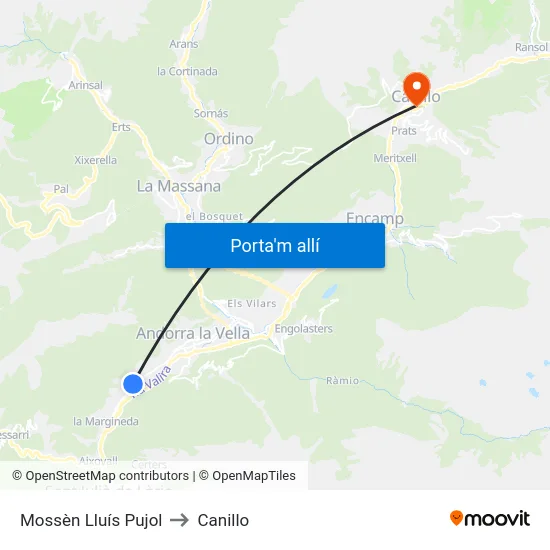 Mossèn Lluís Pujol to Canillo map