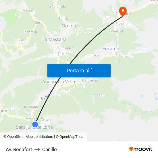 Av. Rocafort to Canillo map