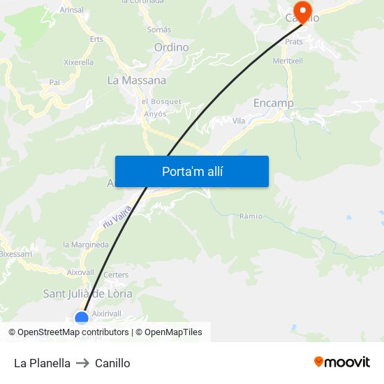 La Planella to Canillo map