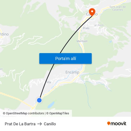 Prat De La Bartra to Canillo map