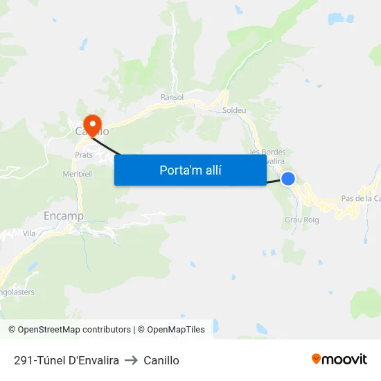 291-Túnel D'Envalira to Canillo map