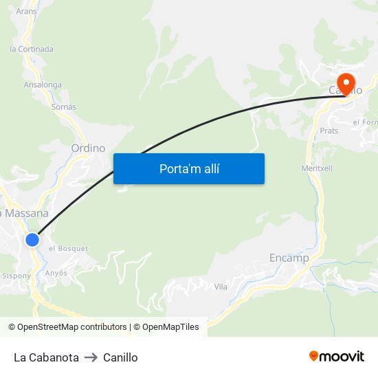 La Cabanota to Canillo map