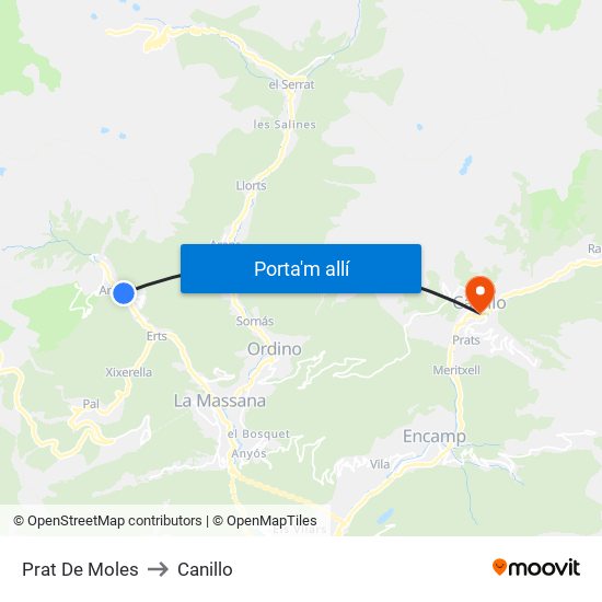 Prat De Moles to Canillo map