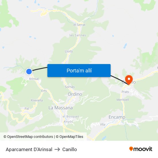 Aparcament D'Arinsal to Canillo map