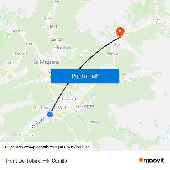Pont De Tobira to Canillo map