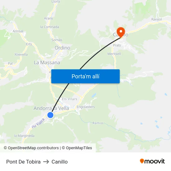 Pont De Tobira to Canillo map