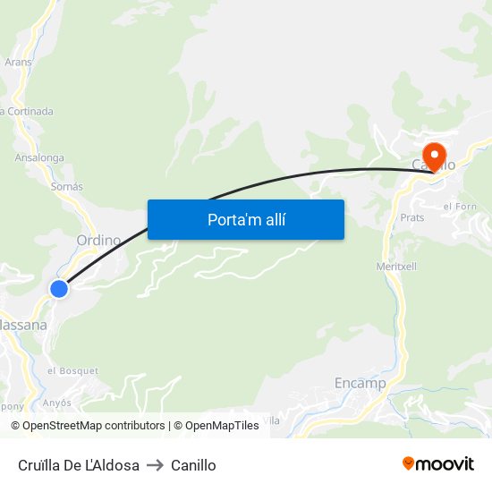 Cruïlla De L'Aldosa to Canillo map
