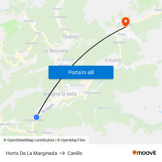 Horts De La Margineda to Canillo map