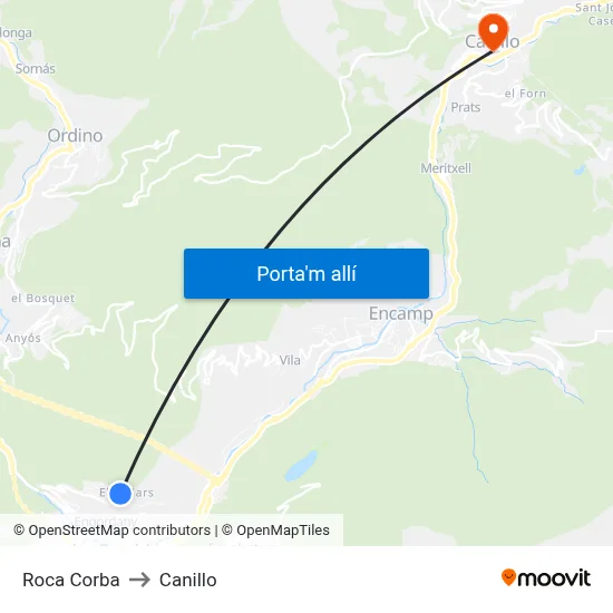 Roca Corba to Canillo map