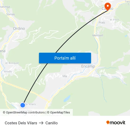 Costes Dels Vilars to Canillo map