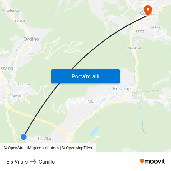 Els Vilars to Canillo map