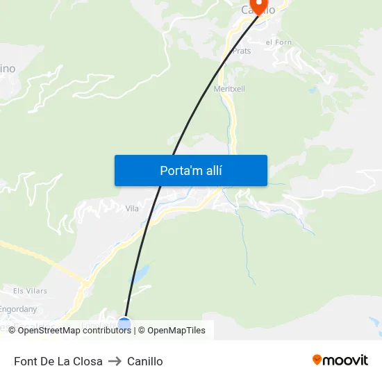 Font De La Closa to Canillo map