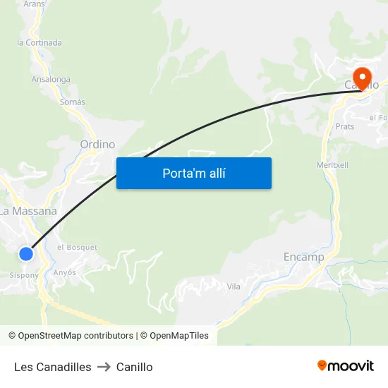 Les Canadilles to Canillo map