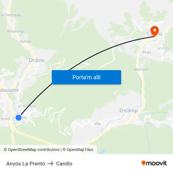 Anyós La Prentó to Canillo map