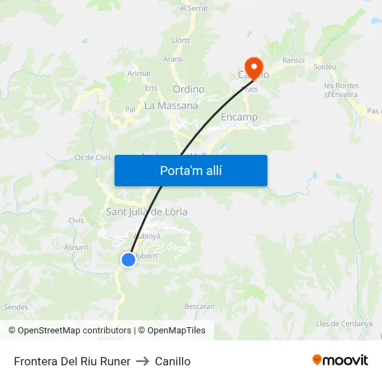 Frontera Del Riu Runer to Canillo map
