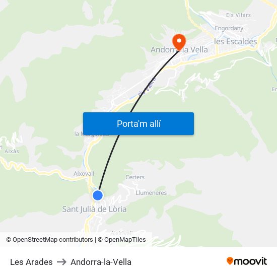 Les Arades to Andorra-la-Vella map
