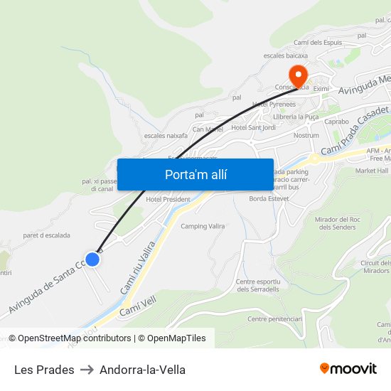 Les Prades to Andorra-la-Vella map