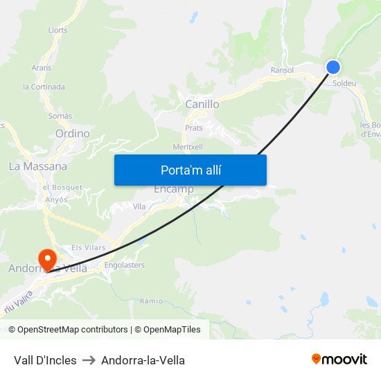 Vall D'Incles to Andorra-la-Vella map
