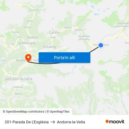 201-Parada De L'Església to Andorra-la-Vella map
