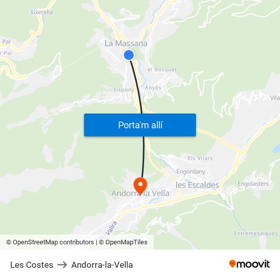 Les Costes to Andorra-la-Vella map