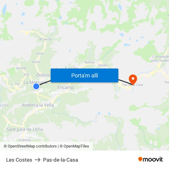 Les Costes to Pas-de-la-Casa map