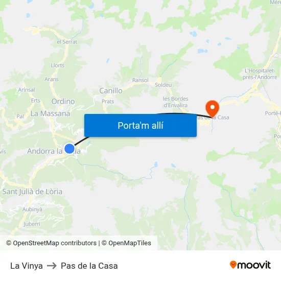 La Vinya to Pas de la Casa map