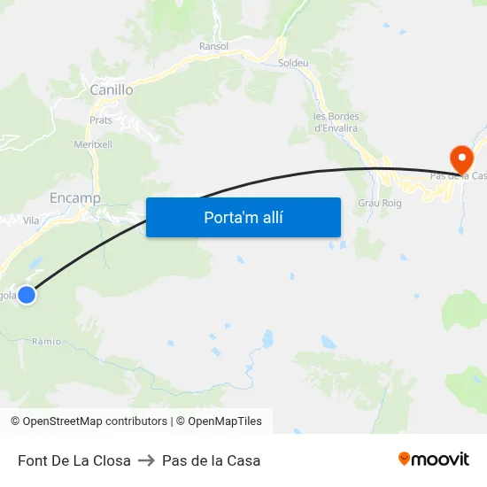 Font De La Closa to Pas de la Casa map
