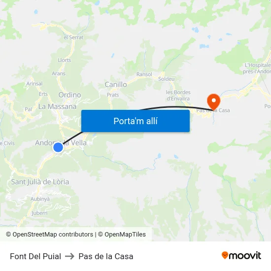 Font Del Puial to Pas de la Casa map