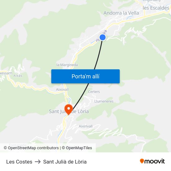 Les Costes to Sant Julià de Lòria map