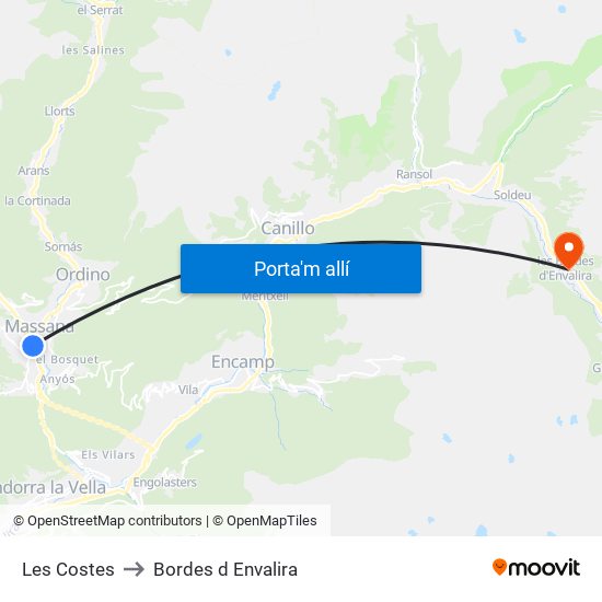 Les Costes to Bordes d Envalira map