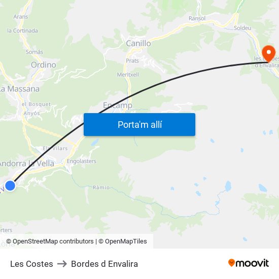 Les Costes to Bordes d Envalira map