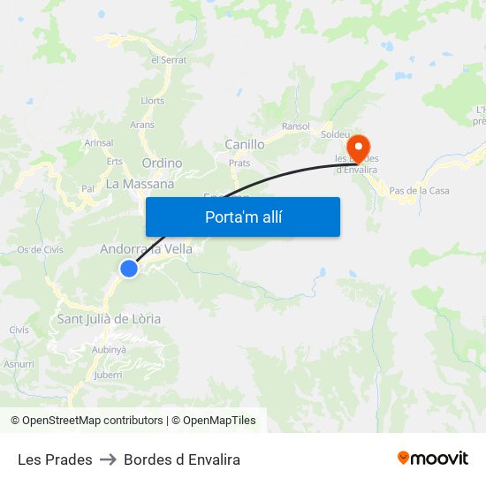 Les Prades to Bordes d Envalira map