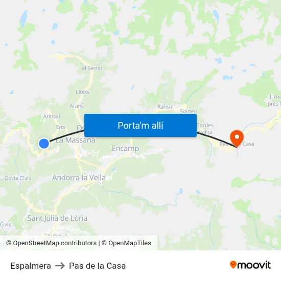 Espalmera to Pas de la Casa map