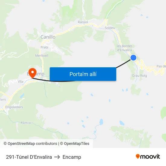 291-Túnel D'Envalira to Encamp map