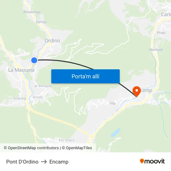 Pont D'Ordino to Encamp map