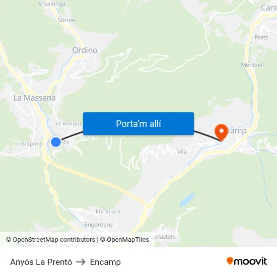 Anyós La Prentó to Encamp map